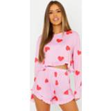 👉 Vrouwen roze Petite Heart Print Frill Hem PJ Short Set