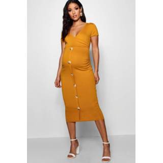 👉 Dress vrouwen mustard Maternity Wrap Front Horn Button Midi Dress,