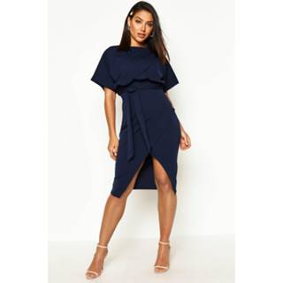 👉 Dress marine vrouwen Slash Neck Tie Waist Midi Dress, Navy