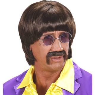 👉 Pruik active bruine popster 60s Luuk met snor en bril 8003558005673