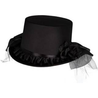 👉 Hoge hoed zwarte Luxe satijnen met sluier en bloem