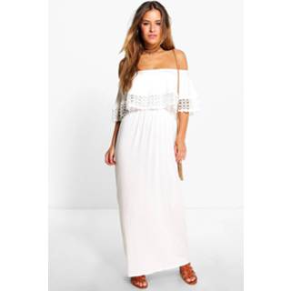 👉 Maxi dres vrouwen cream Petite Bardot Trim Detail Dress,