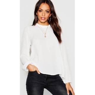 👉 Shirt ivoor vrouwen Frill Neck Long Sleeve Woven Blouse, Ivory