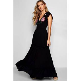 👉 Maxi dres koraal zwart vrouwen Embroidered Ruffle Hem Dress