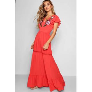 👉 Maxi dres vrouwen koraal Embroidered Ruffle Hem Dress, Coral