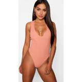 👉 Sleeveless vrouwen koraal Basic Plunge Rib one piece, Coral