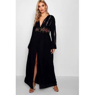 👉 Maxi dres vrouwen zwart Plus Embroidered Plunge Dress