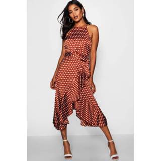 👉 Dress terracotta vrouwen Satin Polka Dot Frill Detail Midi Dress,