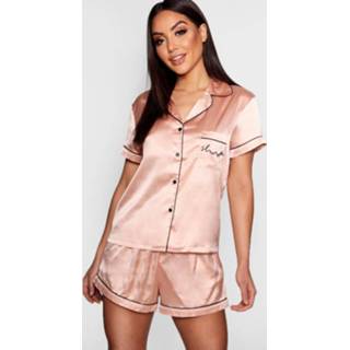 👉 Vrouwen 'Sleep' Embroidered Satin Short Set