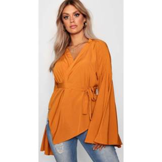 👉 Shirt zwart vrouwen amber Plus Wide Sleeve Wrap Tie Blouse