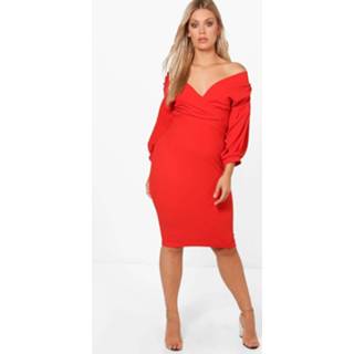 👉 Dress vrouwen Flame Red rood Plus Off The Shoulder Wrap Midi Dress, 8949840251
