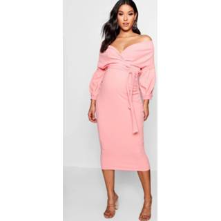 👉 Dress Coral Blush vrouwen Maternity Off The Shoulder Wrap Midi Dress,