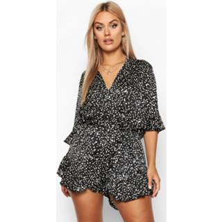 👉 Rompertje zwart vrouwen Plus Metallic Smudge Spot Ruffle Wrap Tie romper, Black