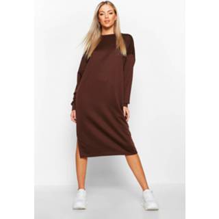 👉 Dress vrouwen chocoladebruin Split Midi Sweat Dress, Chocolate