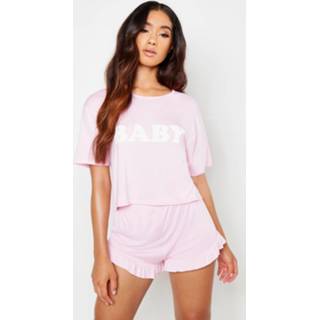 👉 Baby pink vrouwen baby's roze 'Baby' Slogan Short Set,