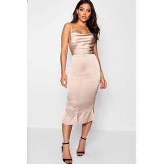 👉 Dress champagne vrouwen Satin Cowl Neck Lace Up Fish Tail Midi Dress,