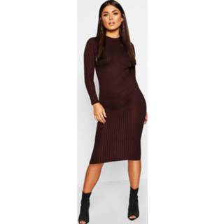 👉 Dress chocoladebruin vrouwen Ribbed High Neck Long Sleeved Midi Dress, Chocolate