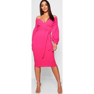 👉 Dress Hot Pink vrouwen roze Off the Shoulder Wrap Midi Dress,