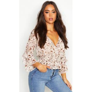 👉 Woven Floral Print Ruffle Detail Blouse, Ivory
