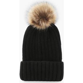 👉 Beanie large vrouwen Rib Knit With Faux Fur Pom