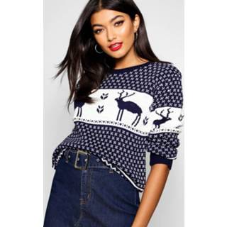 👉 Snowflake And Reindeer Knitted Christmas Sweater, Navy