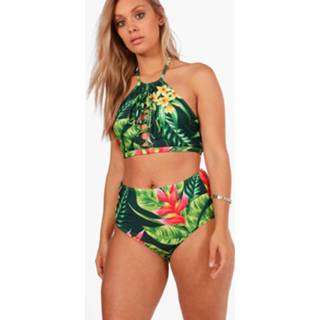 👉 Plus Tropical Print Lace Up High Waist Bikini, Multi