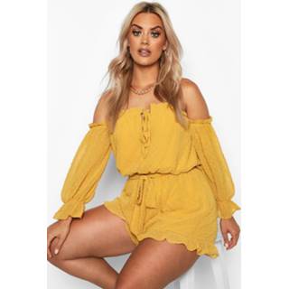 👉 Plus Dobby Mesh Bardot Ruffle Romper, Mustard