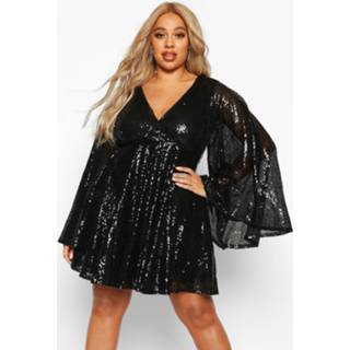 👉 Plus Sequin Wide Sleeve Ruffle Skater Dress