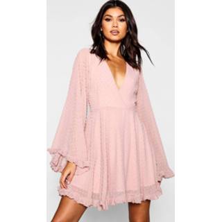 👉 Shirt blush vrouwen Dobby Chiffon Wide Sleeve Skater Dress,