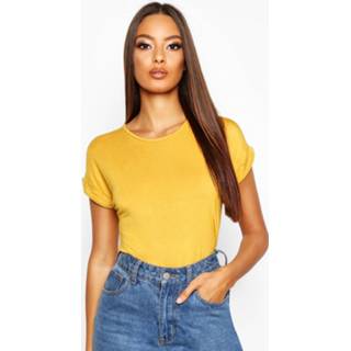 👉 Boxy Turn Cuff Basic T-Shirt, Mustard