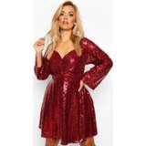 👉 Shirt wine vrouwen Plus Sequin Puff Sleeve Ruched Detail Skater Dress,