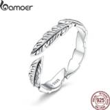 👉 Zilver vrouwen BAMOER 100% Pure 925 Sterling Silver Boho Style Feather Free Size Adjustable Finger Rings for Women Vintage Fine Jewelry SCR517