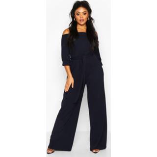 👉 Plus Off Shoulder Tailored Self Belt Jumpsuit, Navy
