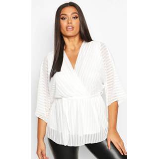 👉 Shirt vrouwen ivoor Plus Stripe Kimono Sleeve Peplum Wrap Tie Blouse, Ivory