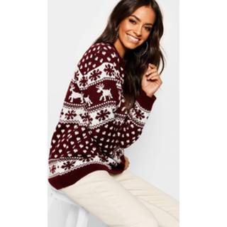 👉 Reindeer Hearts & Snowflake Christmas Sweater, Wine