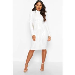 👉 Mesh Sequin High Neck Long Sleeve Midi Dress, White