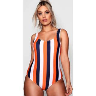 👉 Zwempak vrouwen oranje Plus Square Neck Scoop Back Stripe bathing suit