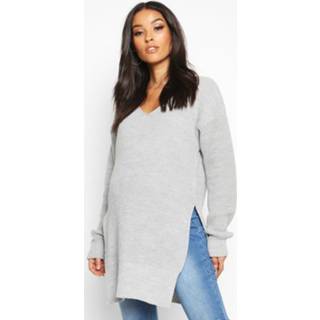 Maternity V-Neck Side Split Sweater, Light Grey