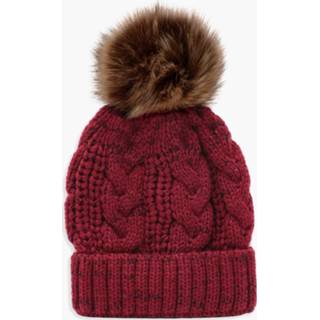 👉 Beanie One Size rood vrouwen Cable Knit Faux Fur Pom Beanie, Red