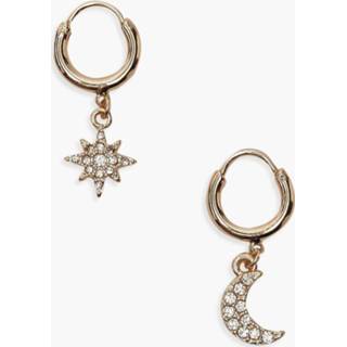 Star And Moon Diamante Huggie Hoop Earrings, Gold