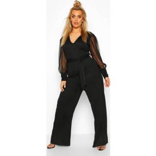 👉 Plus Plunge Organza Sleeve Wide Leg Jumpsuit, Black