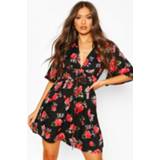 👉 Rose Print Lace Up Detail Flute Sleeve Skater Dress, Black