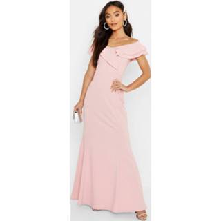 👉 Maxi dres Soft Pink vrouwen roze Petite Bardot Frill Fish Tail Dress,