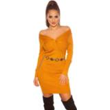 👉 Gebreide jurk mosterdgeel polyamide vrouwen mosterd Sexy wikkel look