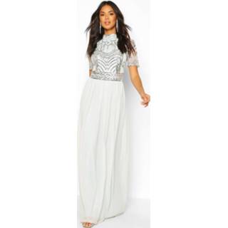 👉 Bridesmaid High Neck Hand Embellished Maxi Dress, Ice Blue