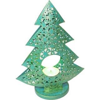 👉 Metalen Theelichthouder Kerstboom Turquoise/Goudkleurig Large