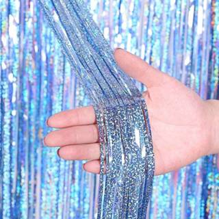 👉 Gordijn blauw goud active feestelijke 2 STUKS Achtergrond Gordijnen Glitter Klatergoud Fringe Folie Verjaardag Bruiloft Decoratie Volwassen Decor, Grootte: 1 * 2,5 m (Lichtblauw)