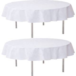 👉 Witte stof 2x ronde bruiloft/trouwerij tafelkleden/tafellakens 240 cm van