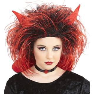 👉 Pruik zwart rood active Enge duivel in met hoorntjes 8003558745913
