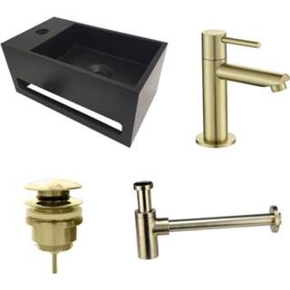 👉 Fonteinset zwart goud mat BWS Solid Surface met Handdoekhouder Links / (inclusief kraan, afvoer en sifon) 8719304481409